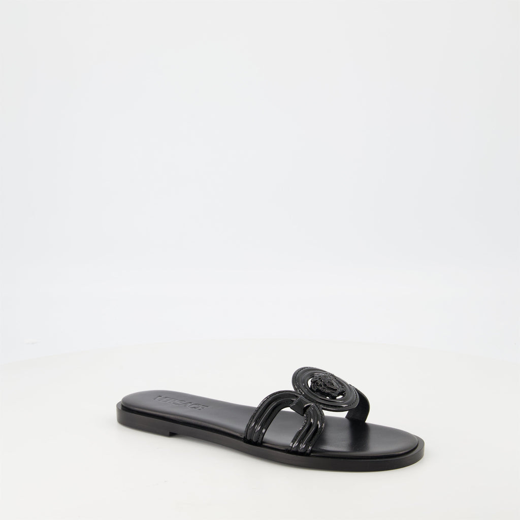 black leather slides, Medusa '95, stylish footwear, comfortable slides, luxury accessories