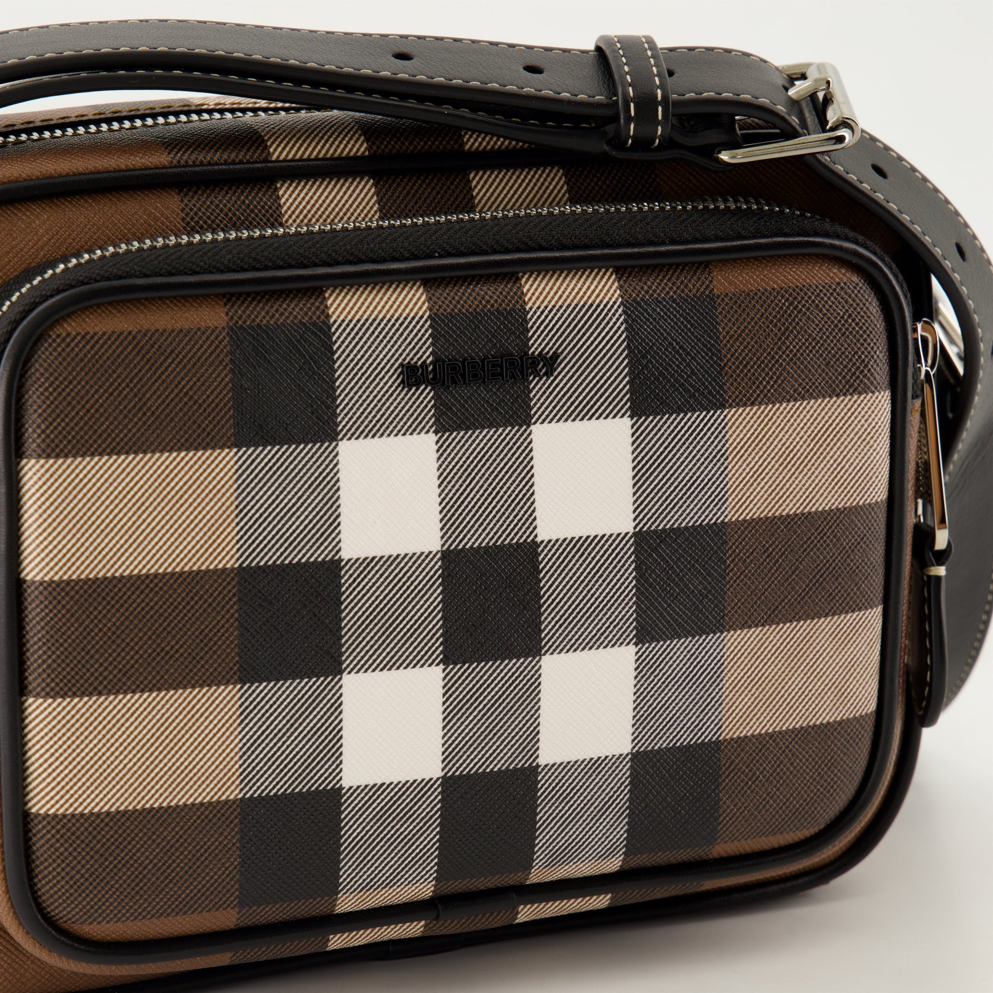 checkered shoulder bag, brown bag, adjustable strap bag, leather trim bag, luxury men's bag