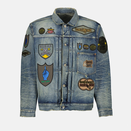 denim jacket, Sacai, blue jacket, fashion patches, luxury outerwear