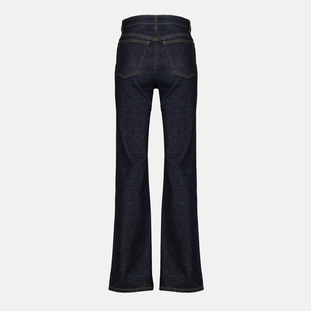 Khaite jeans, flare jeans, high-rise denim, deep blue jeans, five-pocket design