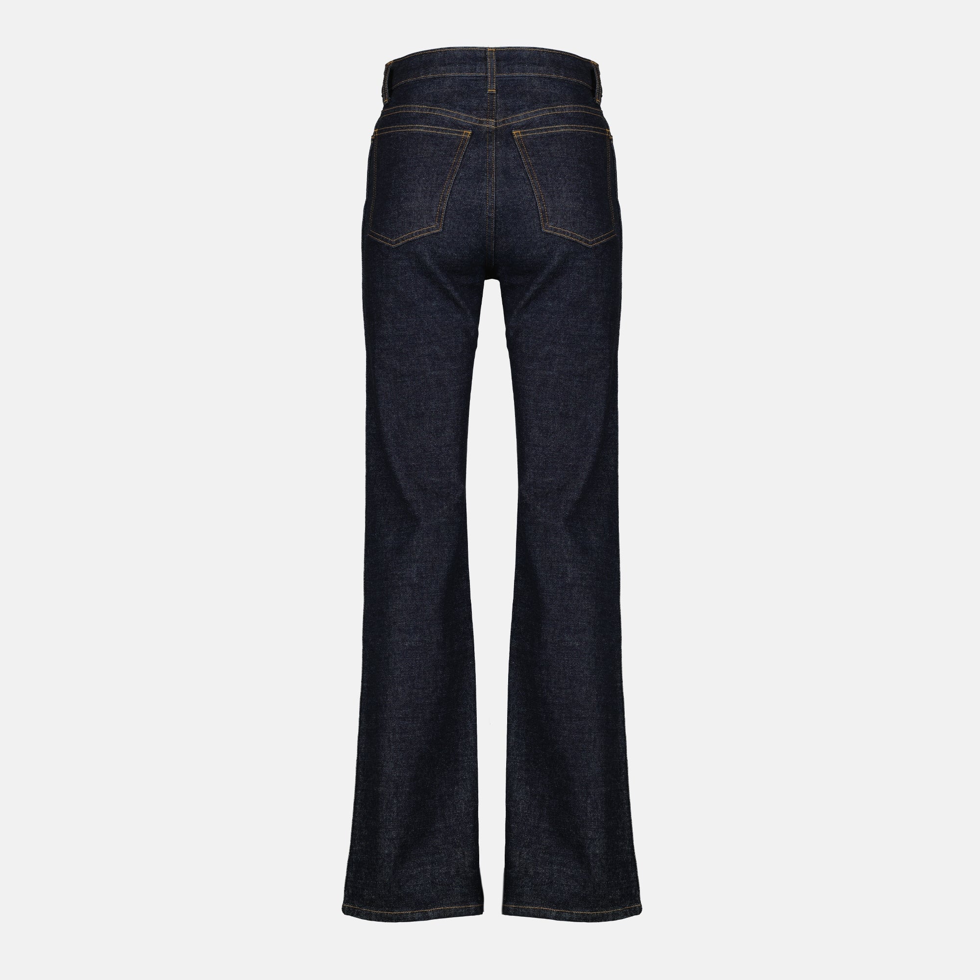 Khaite jeans, flare jeans, high-rise denim, deep blue jeans, five-pocket design