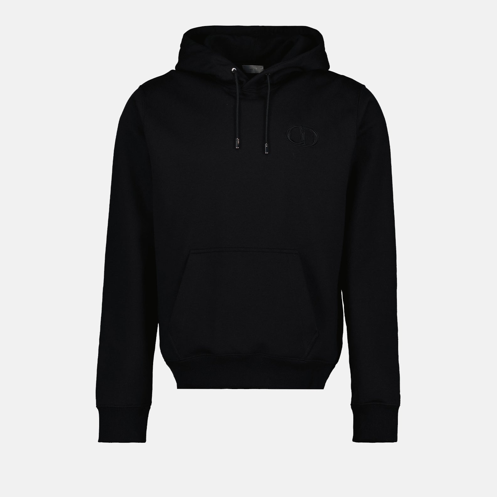 Image du hoodie en coton noir avec l'icône CD de Dior pour hommes - Saison automne-hiver 2024 - Vue de face