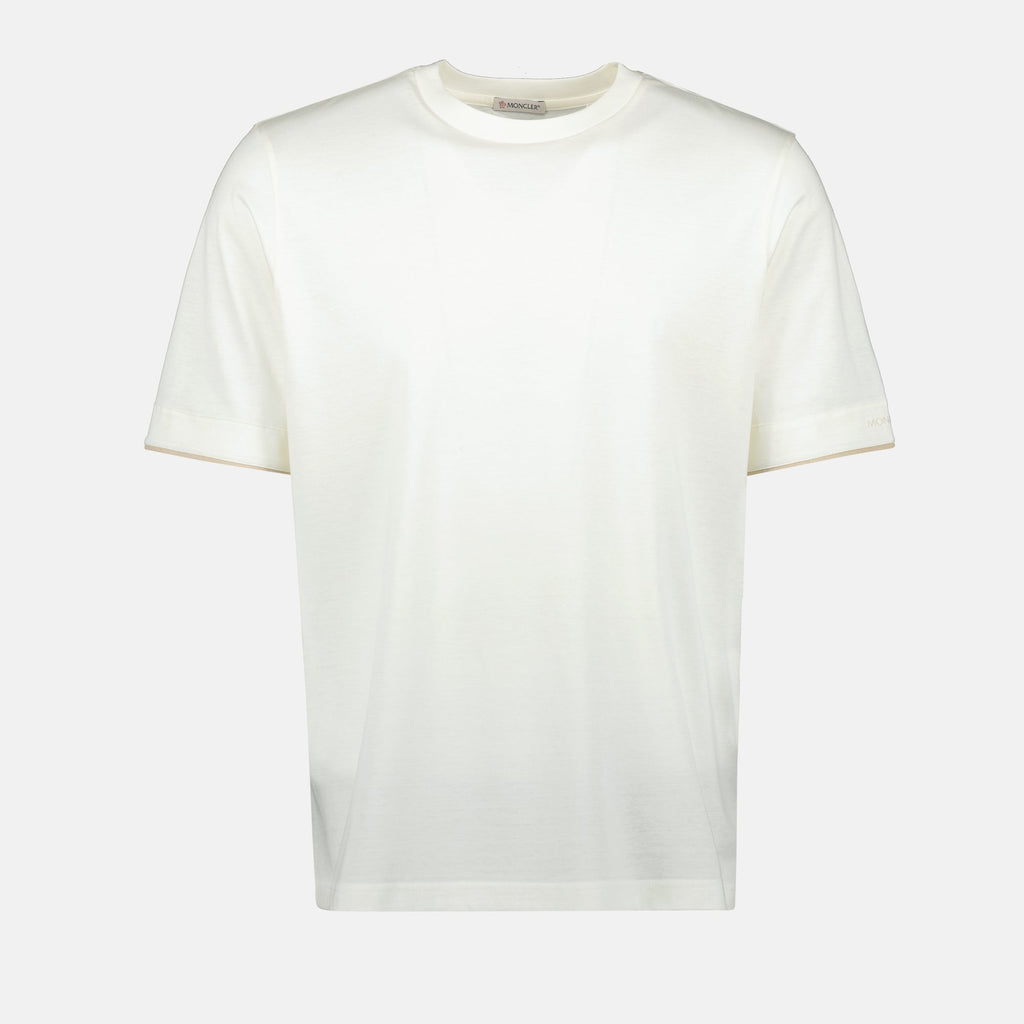 Imagem de T-shirt de algodão branco com detalhes em piqué da Moncler para Homens - Temporada Primavera-Verão 2025 - Vista Frontal
