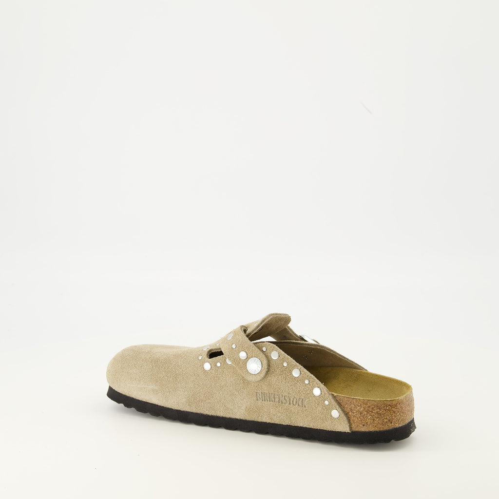 Birkenstock mules, beige suede shoes, comfortable footwear, molded sole, adjustable slip-ons