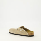 Birkenstock mules, beige suede shoes, comfortable footwear, molded sole, adjustable slip-ons