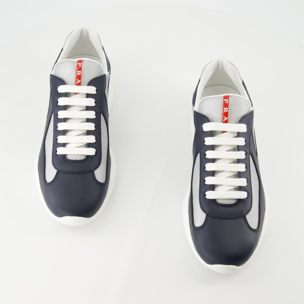 Prada sneakers, blue leather sneakers, America's Cup shoes, luxury men's footwear, designer trainers