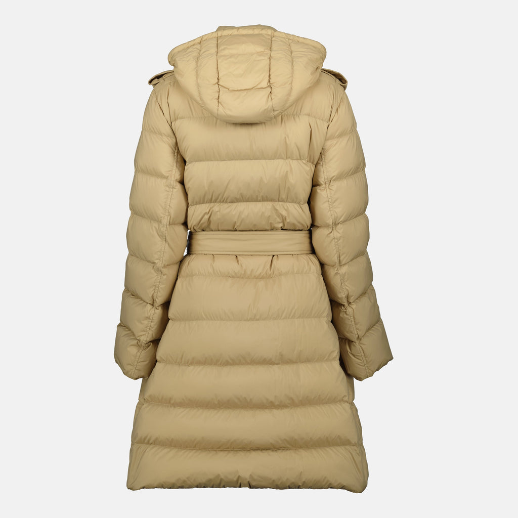classic long coat, nylon outerwear, beige coat with hood, adjustable waist coat, checkered lining coat