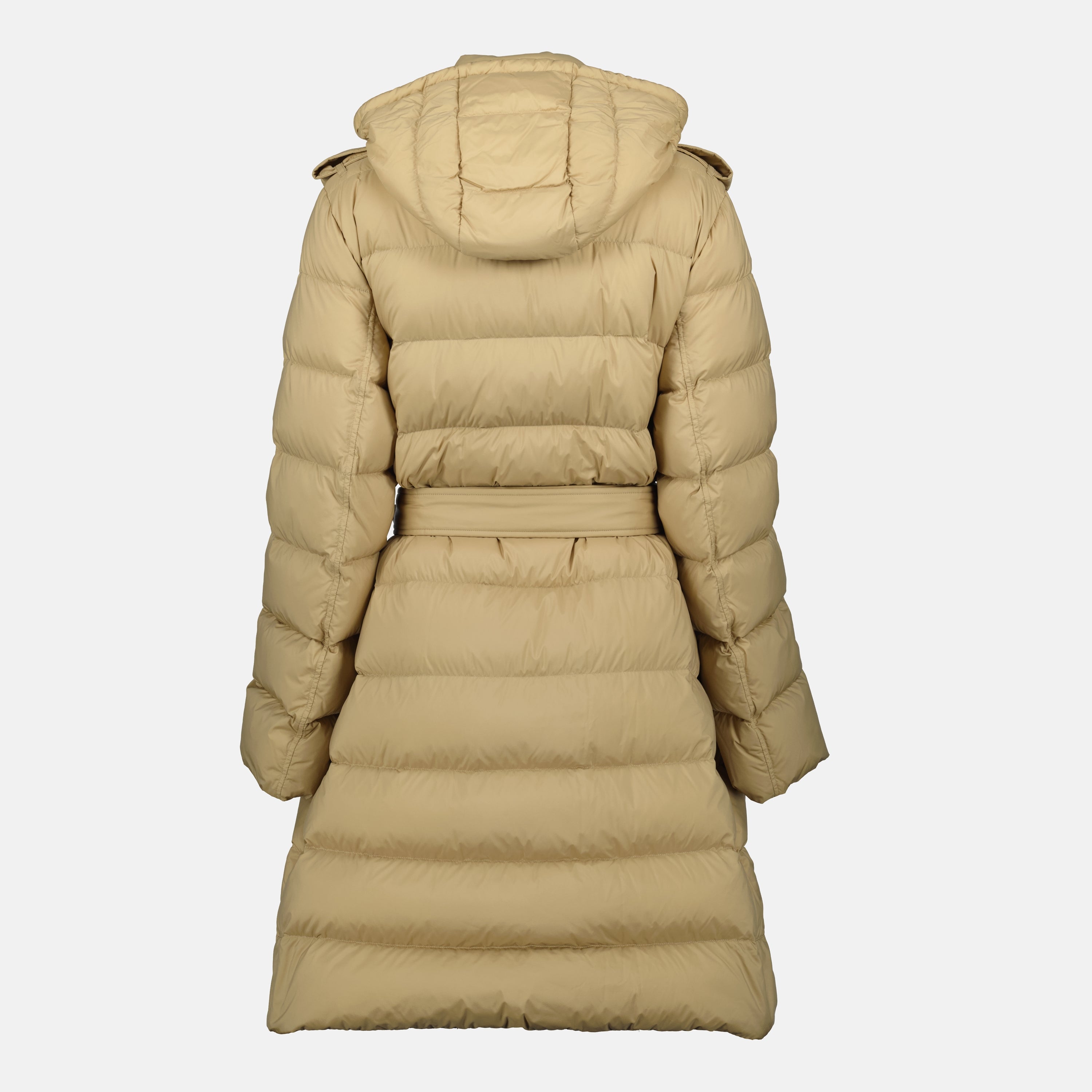 classic long coat, nylon outerwear, beige coat with hood, adjustable waist coat, checkered lining coat