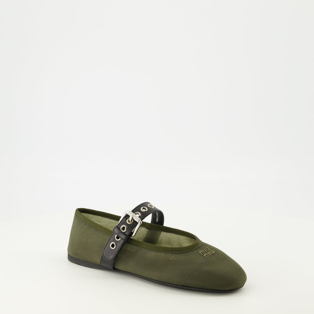 khaki ballerinas, mesh shoes, Miu Miu footwear, comfortable ballerinas, adjustable strap shoes