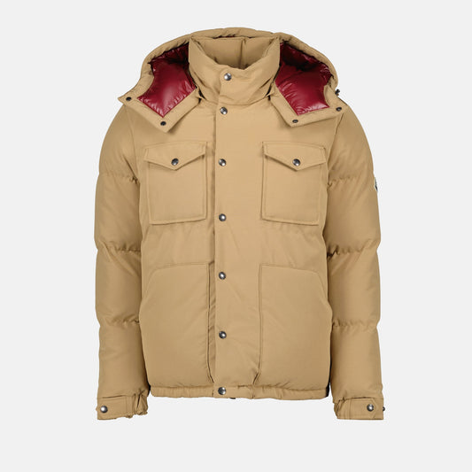 Moncler down jacket, beige camel outerwear, autumn-winter collection, adjustable hood jacket, tailored fit jacket