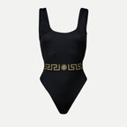 Greca swimsuit, Versace bathing suit, sustainable swimwear, recycled fashion, black one-piece swimsuit
