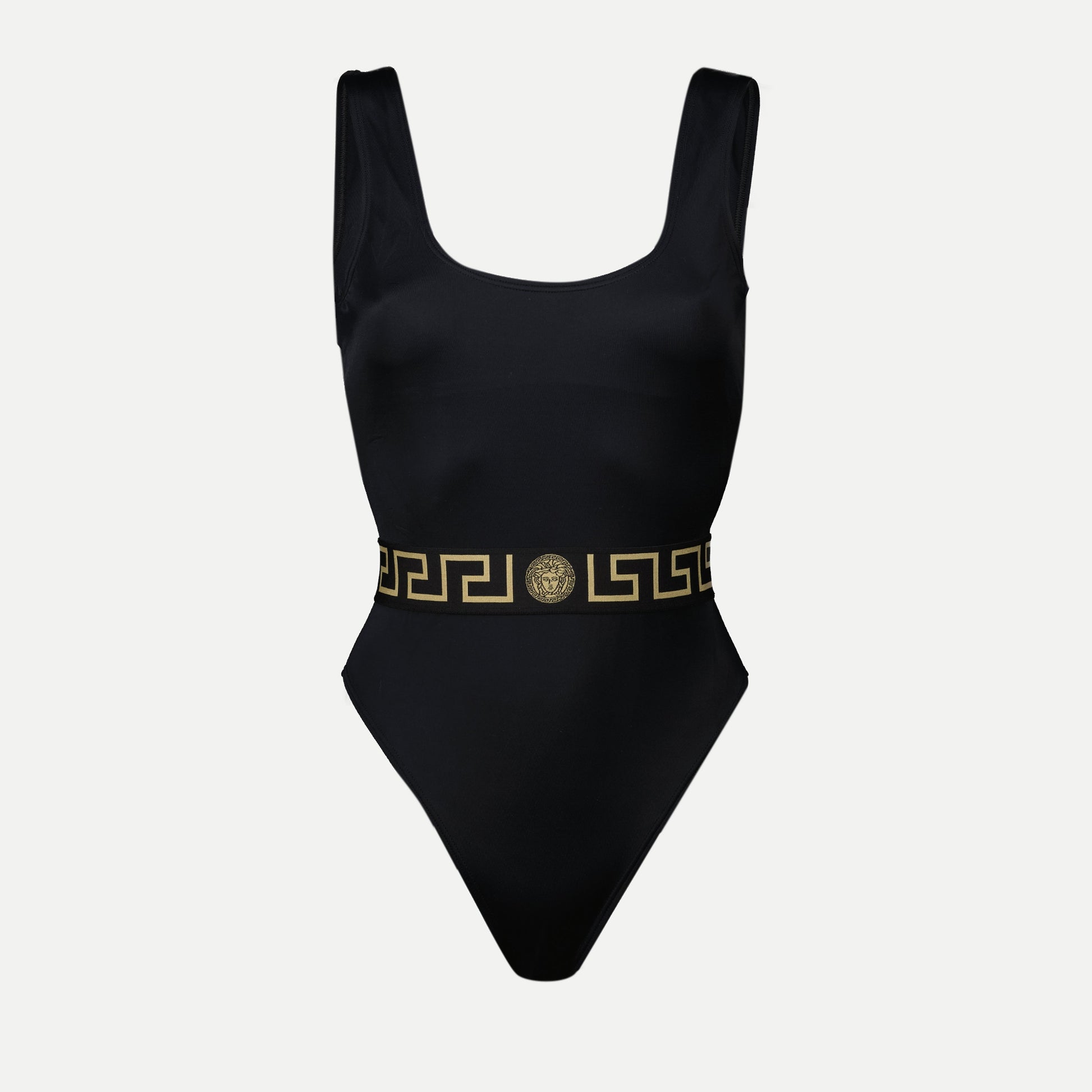 Greca swimsuit, Versace bathing suit, sustainable swimwear, recycled fashion, black one-piece swimsuit