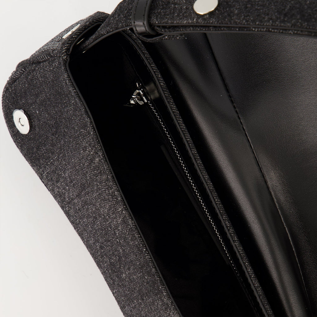 Diesel clutch, dark gray denim bag, adjustable shoulder bag, magnetic flap clutch, fashion accessory