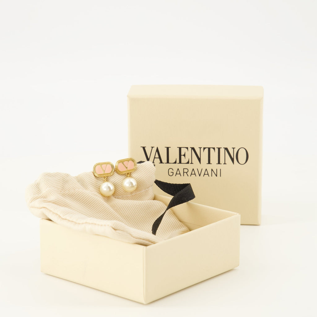Valentino VLogo earrings, gold pearl earrings, Swarovski earrings, metal earrings, designer accessories
