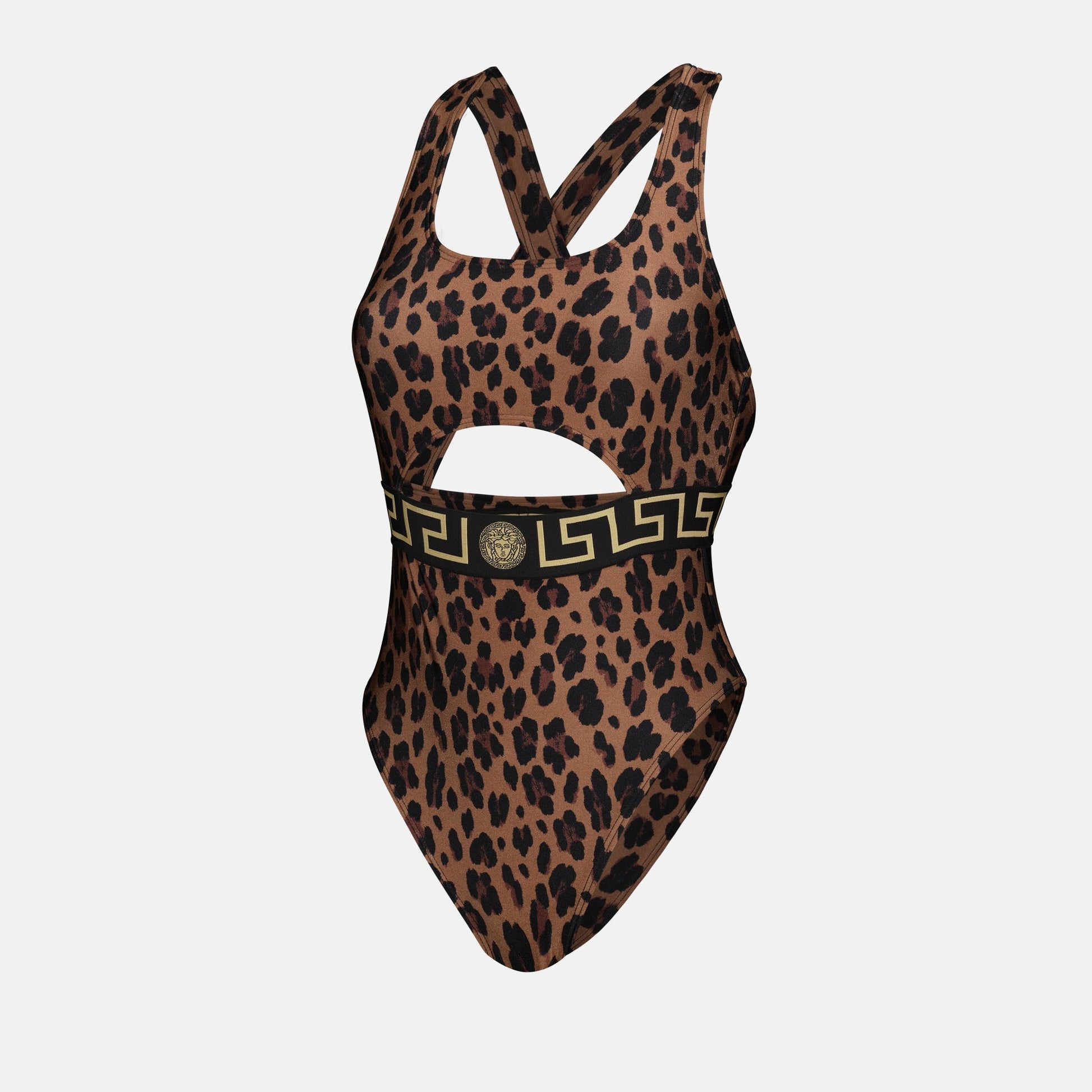 Versace swimsuit, leopard print swimwear, luxury one-piece, designer swimwear, Fall-Winter 2024