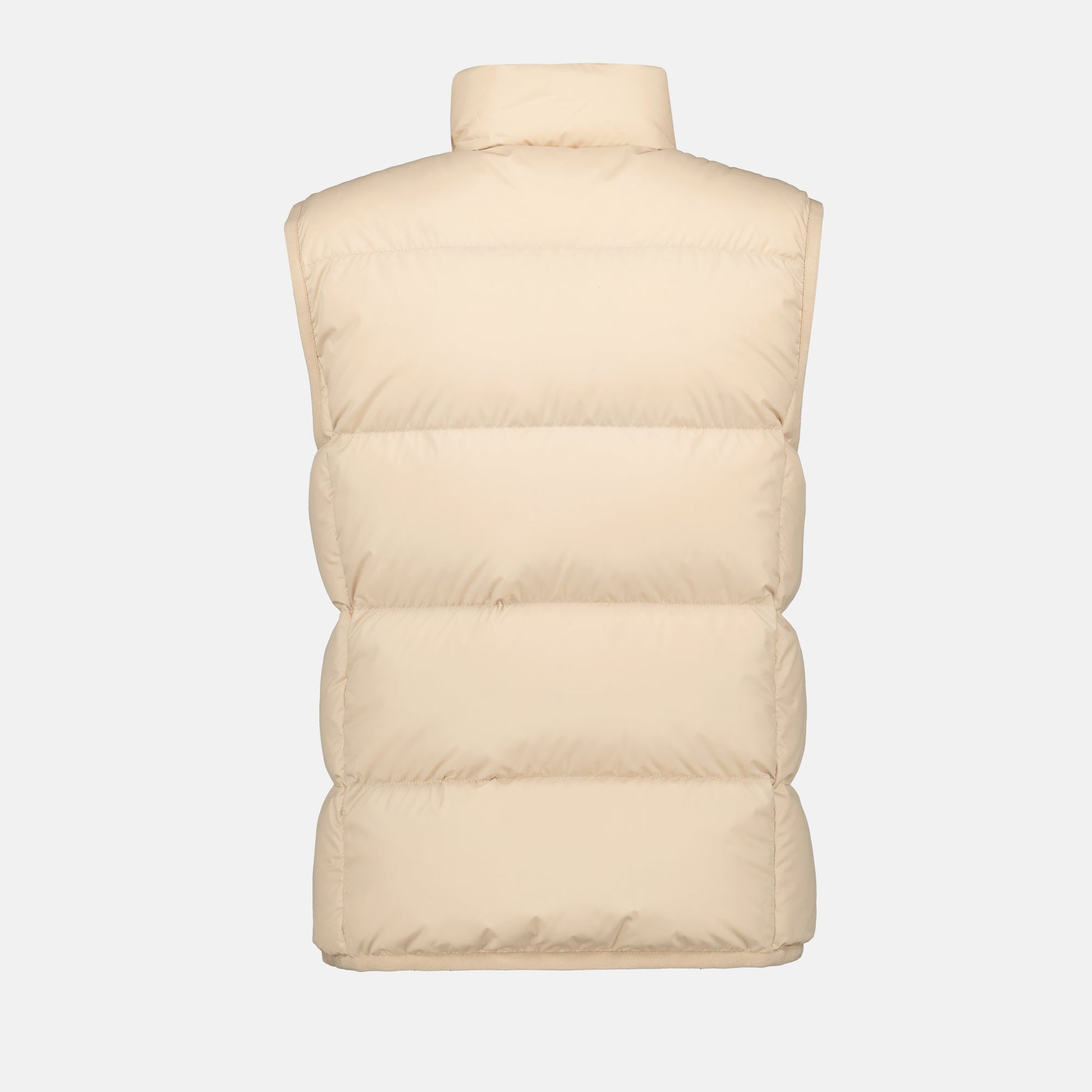 sleeveless puffer, beige puffer, Moncler vest, quilted design, foldable outerwear