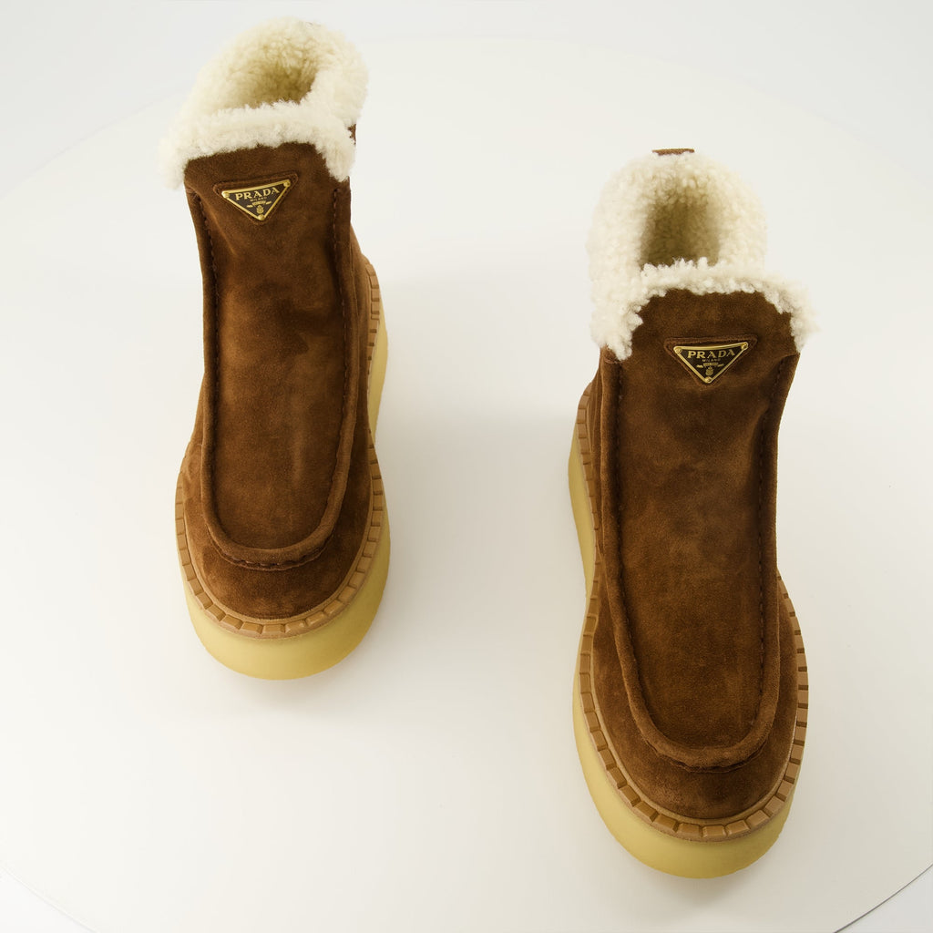 Prada, brown ankle boots, suede footwear, ladies boots, Autumn-Winter collection