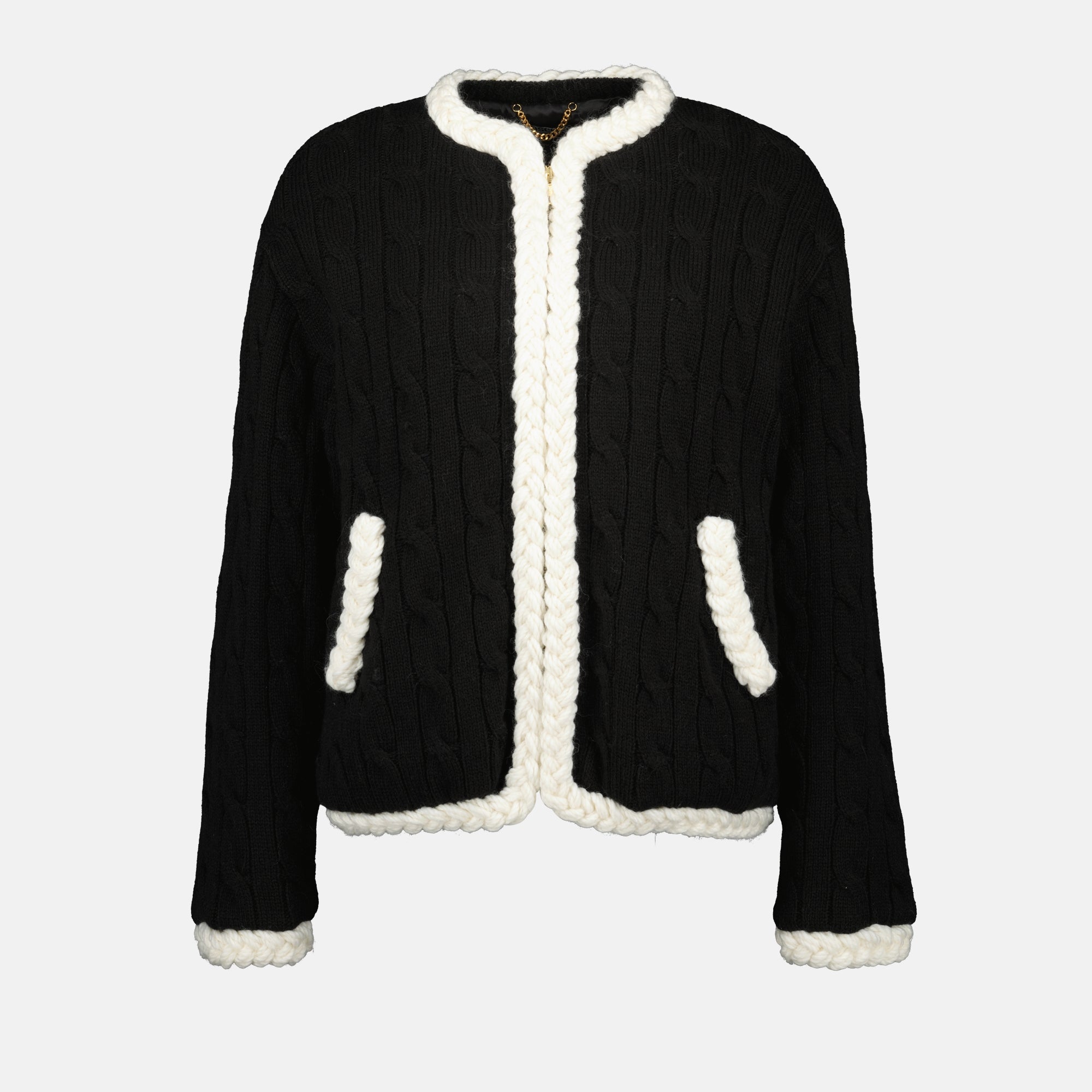 black wool jacket, Moschino outerwear, braided pattern jacket, Autumn-Winter 2025, designer women's jacket