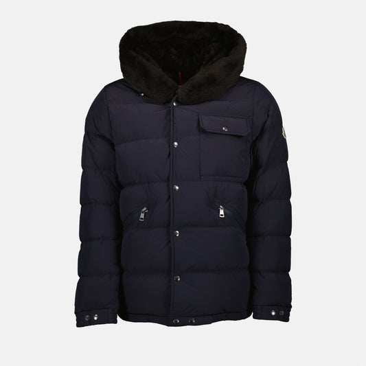 navy down jacket, teddy-lined hood, autumn winter collection, zipped pockets, premium outerwear