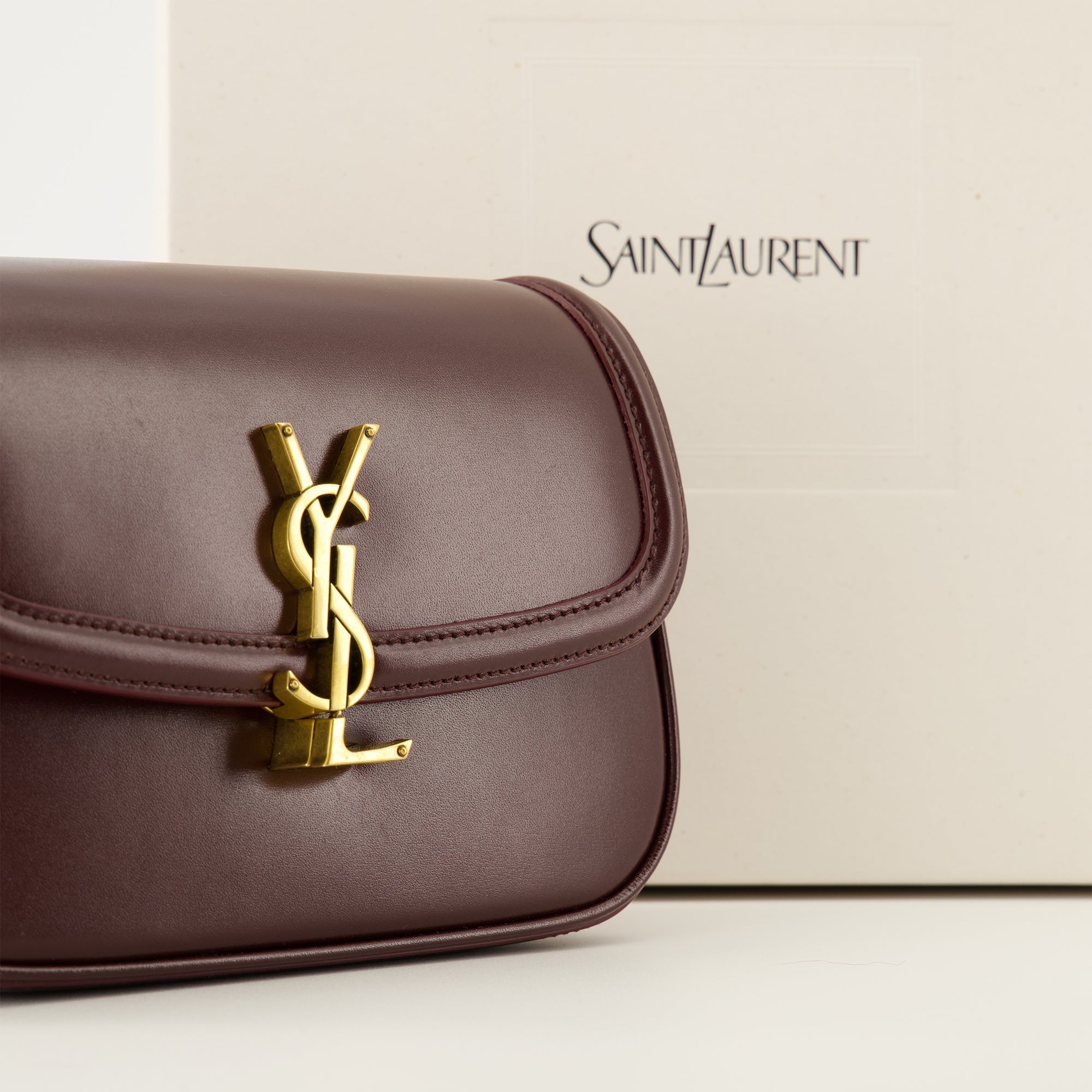 Saint Laurent handbag, Mini Solferino Bordeaux, smooth calfskin, adjustable shoulder strap, luxury handbag