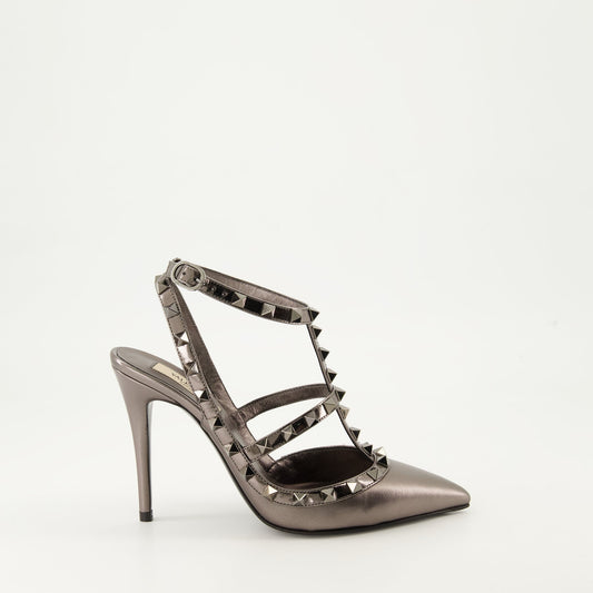 Valentino, Rockstud Heels, Silver Shoes, Luxury Fashion, Pointed Heels