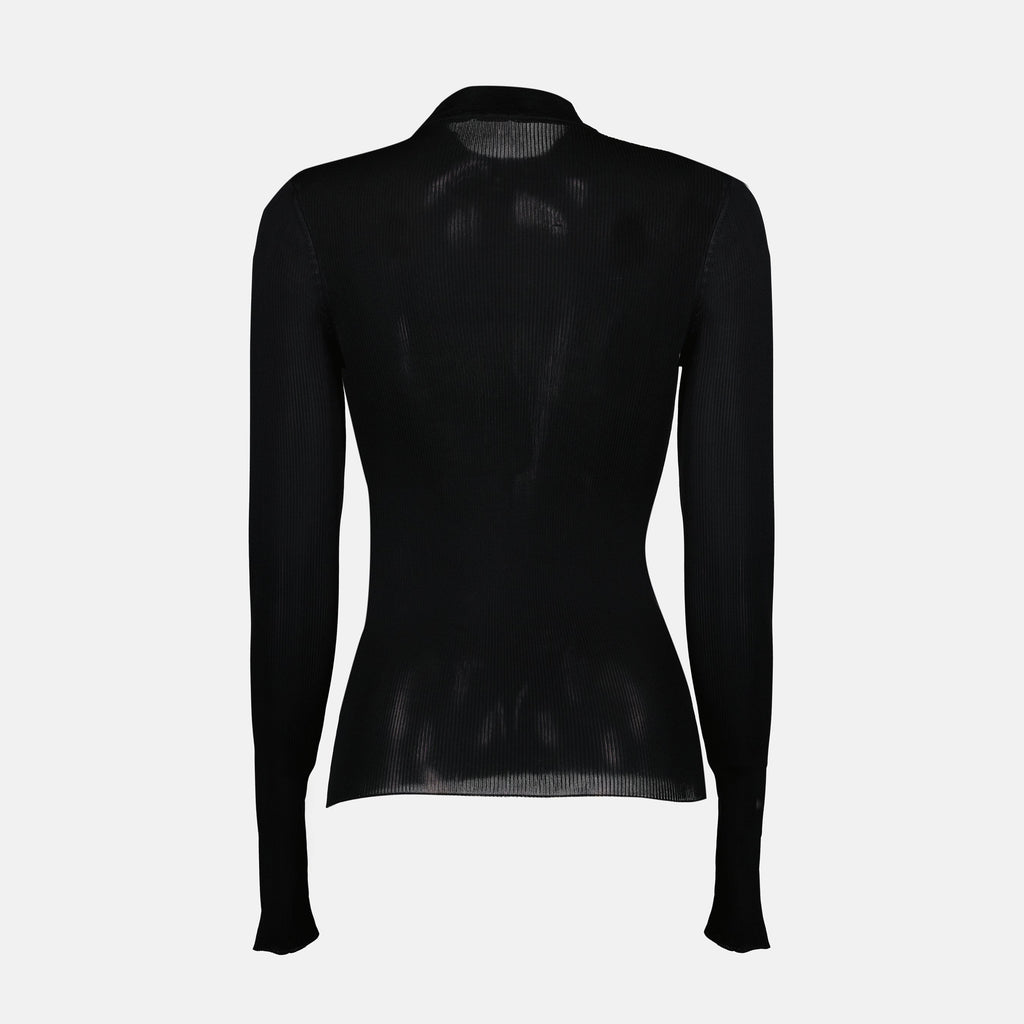 black wool sweater, Saint Laurent, Spring-Summer 2025, women's fashion, Cassandre logo