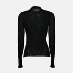 black wool sweater, Saint Laurent, Spring-Summer 2025, women's fashion, Cassandre logo