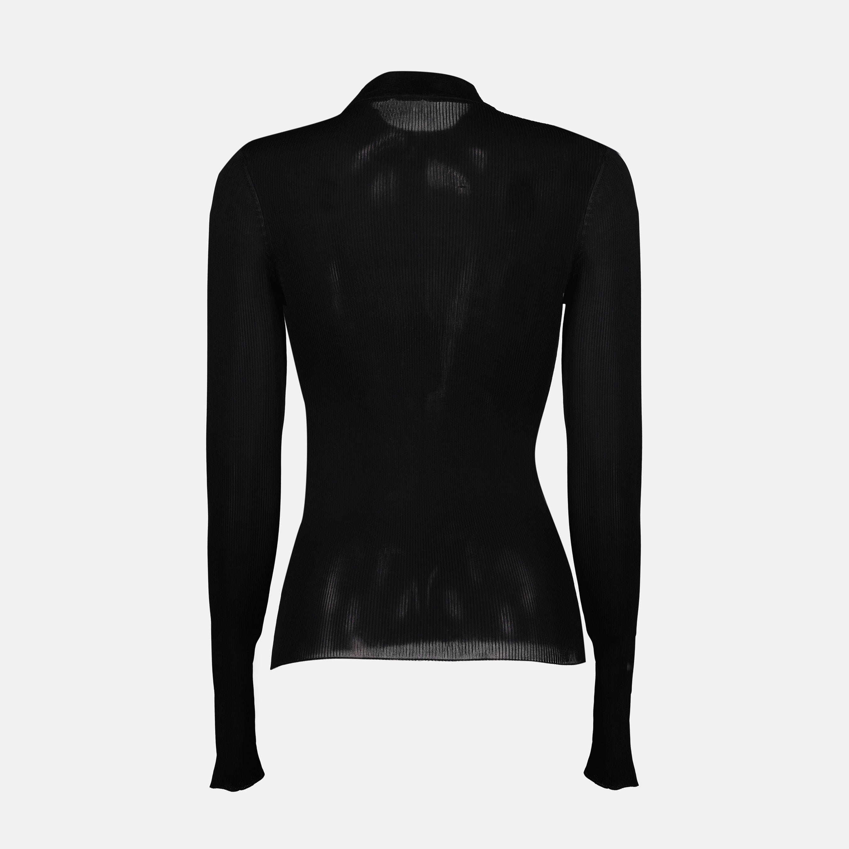black wool sweater, Saint Laurent, Spring-Summer 2025, women's fashion, Cassandre logo