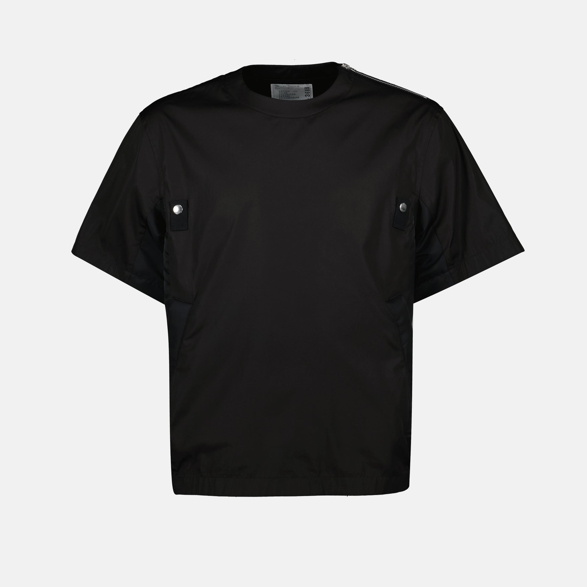 black t-shirt, Sacai jersey, men's casual wear, minimalist design, contemporary fashion
