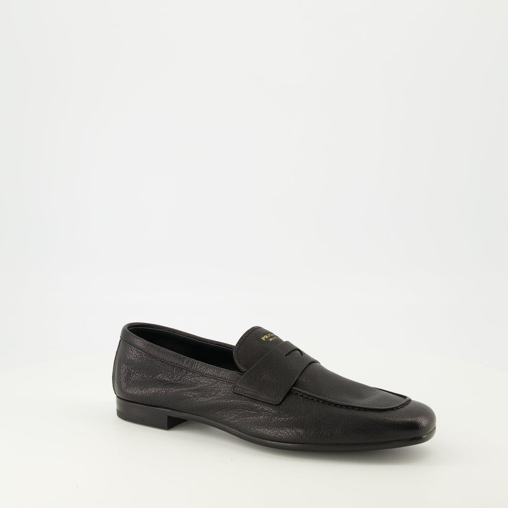 Prada moccasins, black leather shoes, designer footwear, luxury shoes, goat leather moccasins