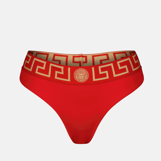 Versace, Greca bikini bottoms, luxury swimwear, red bikini, high-end fashion