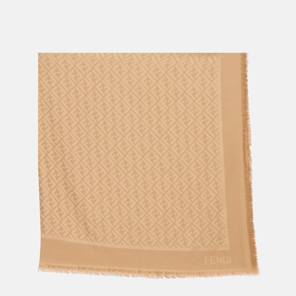 beige shawl, silk and wool scarf, Fendi accessories, Autumn-Winter collection, embroidered logo shawl