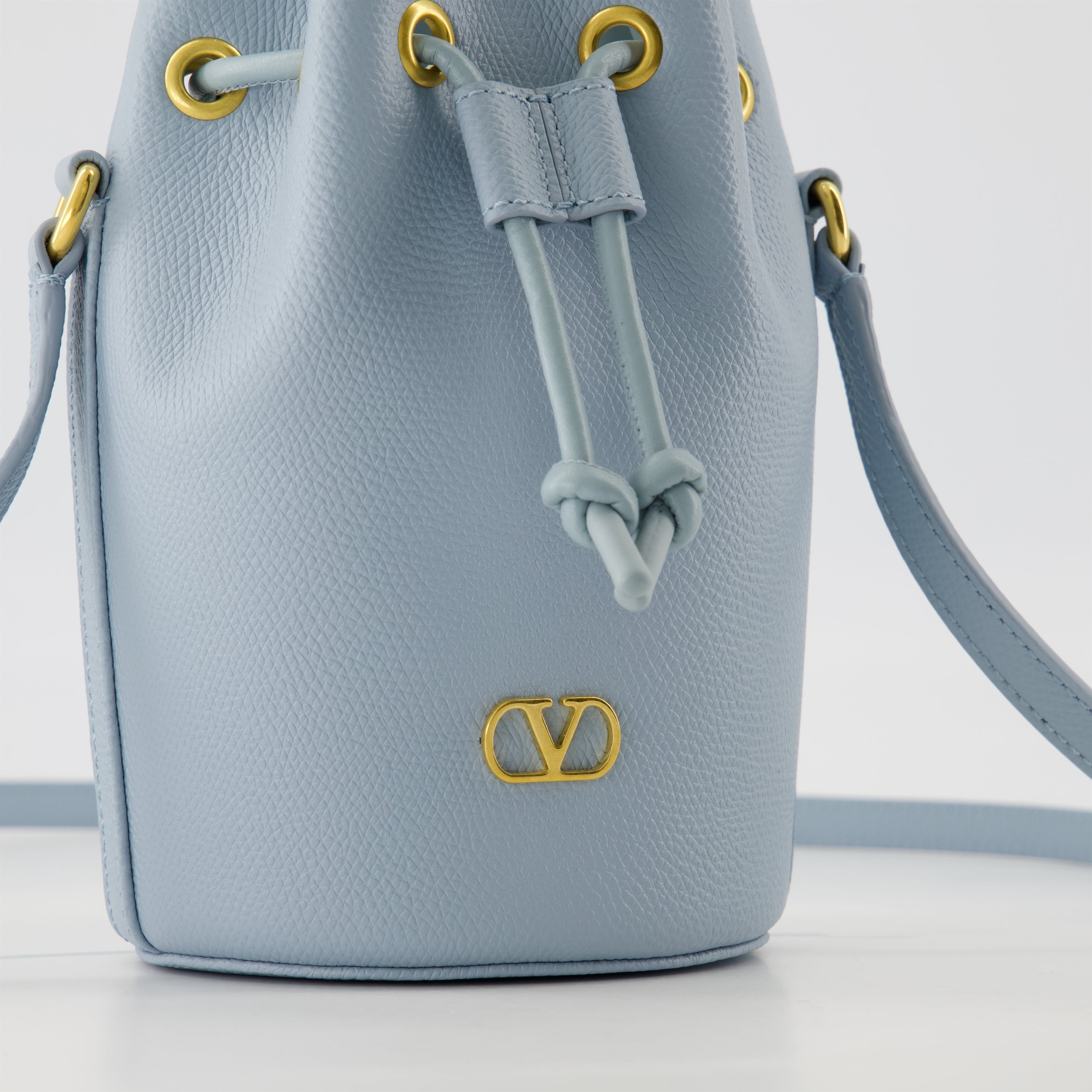Mini VLogo Bucket Bag, Valentino Garavani, light blue bag, grained calfskin bag, adjustable strap accessory