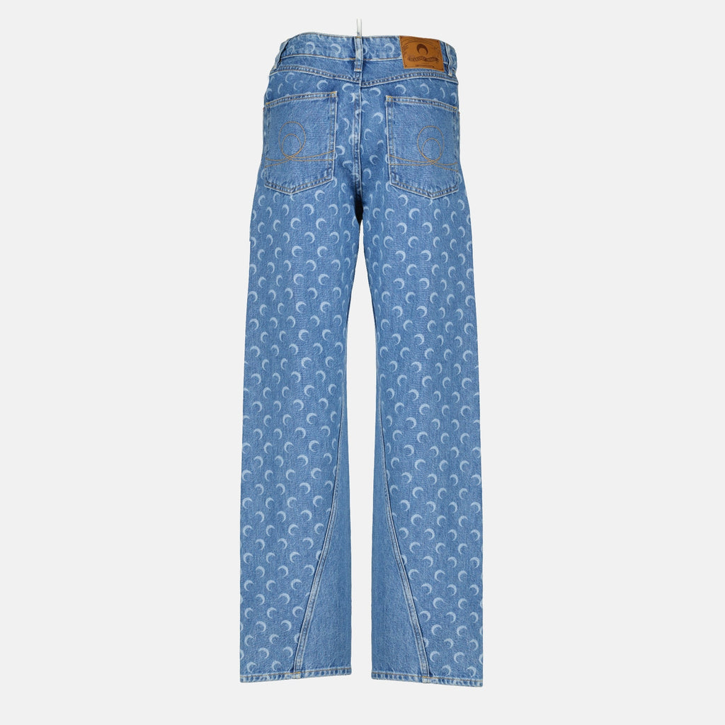 blue baggy jeans, Marine Serre denim, moon print jeans, five-pocket design, cotton pants
