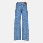 blue baggy jeans, Marine Serre denim, moon print jeans, five-pocket design, cotton pants