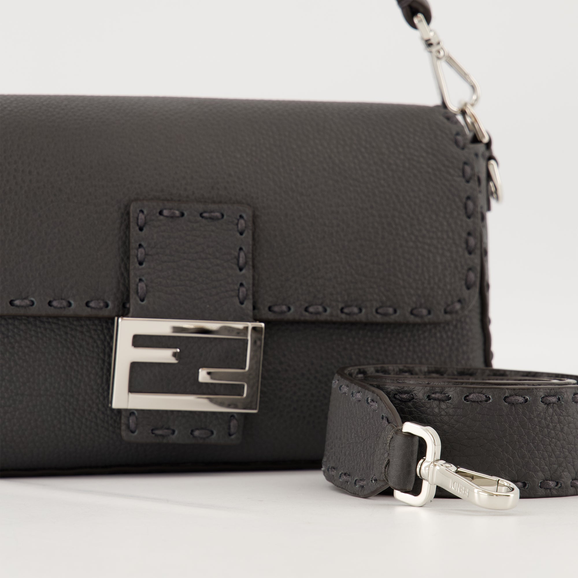 Fendi Baguette Bag, grey leather bag, adjustable strap bag, premium accessories, men's leather accessories