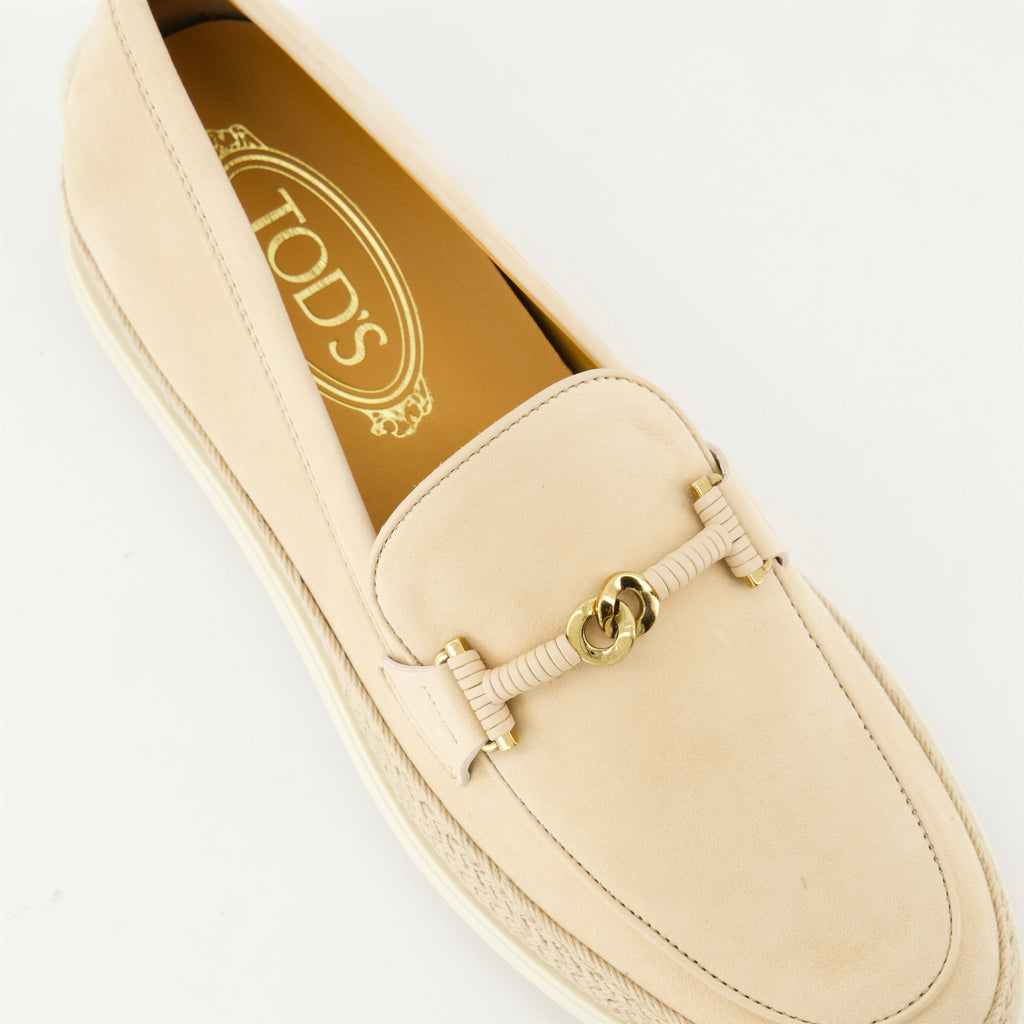 suede moccasins, Tod's footwear, artisanal footwear, beige moccasins, stylish slip-on shoes