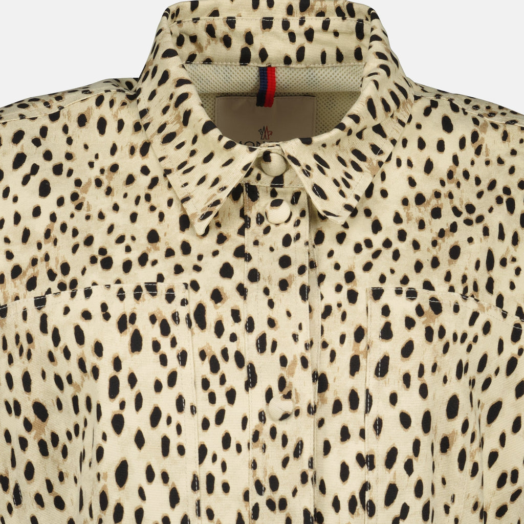 leopard print windbreaker, Moncler coat, technical serge jacket, adjustable fit outerwear, contemporary fashion