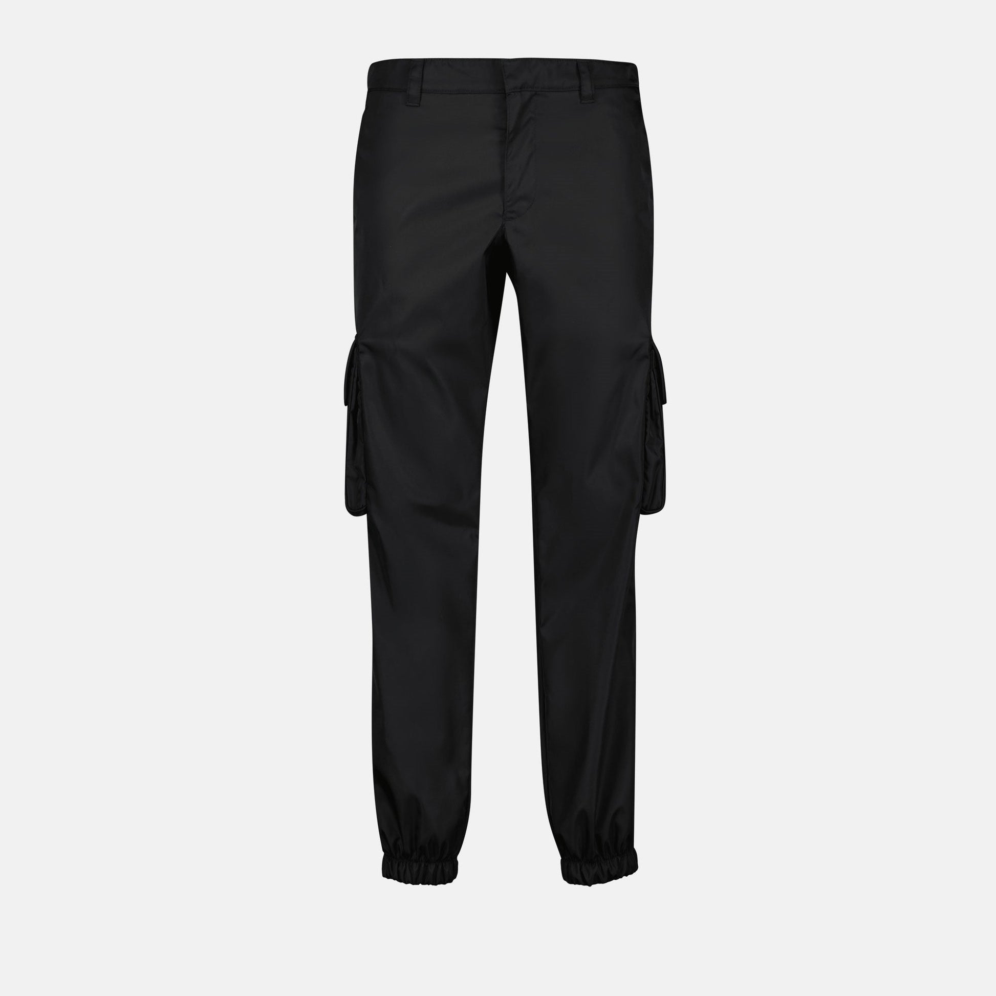 Prada cargo pants, recycled nylon pants, luxury cargo pants, black fashion pants, eco-friendly trousers