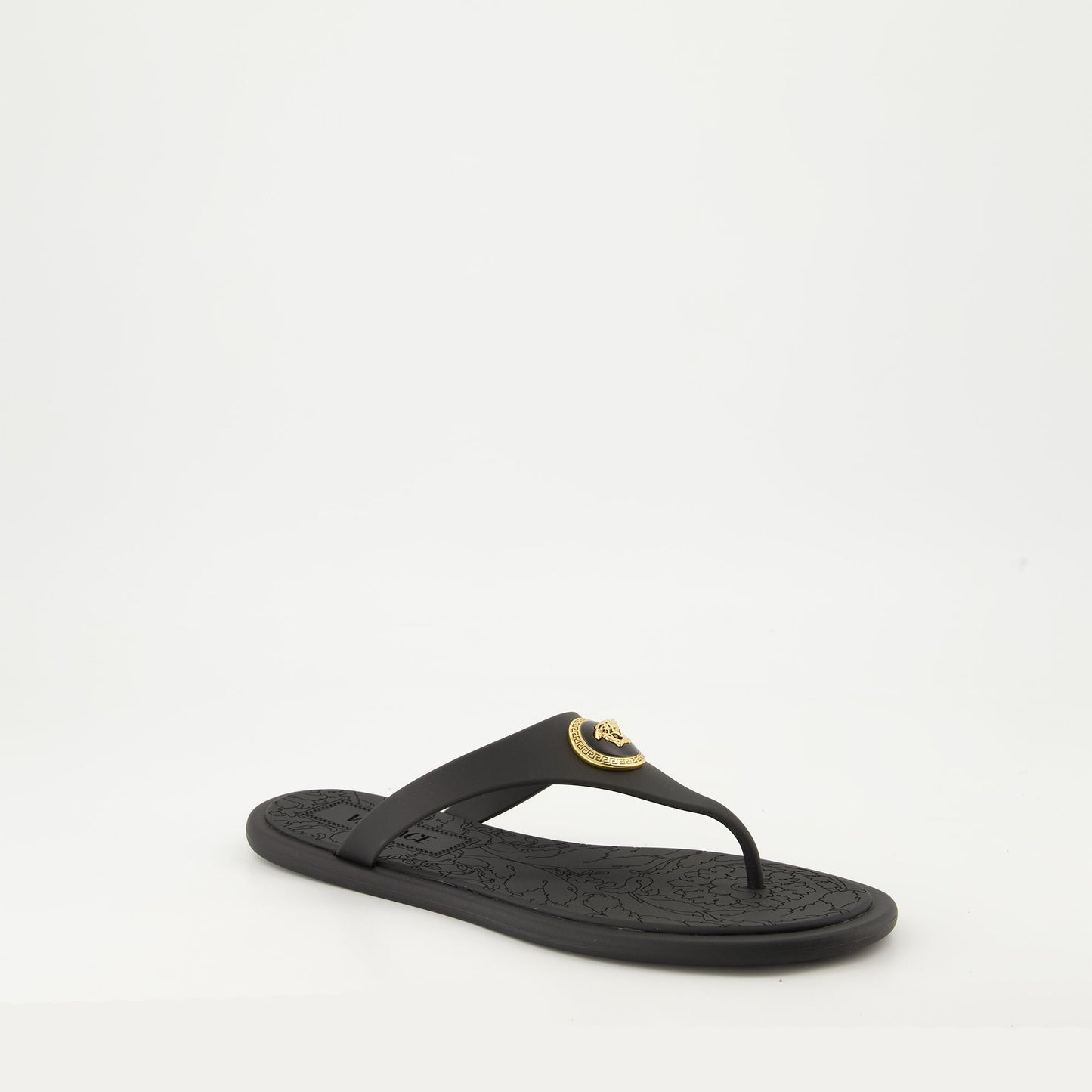 Alia slides, Versace slides, luxury black slides, rubber slides, designer footwear