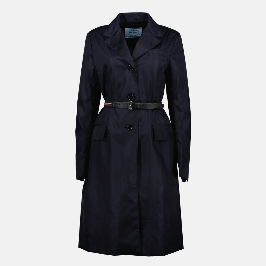 Prada trench coat, recycled nylon coat, navy trench coat, fitted trench coat, detachable belt coat