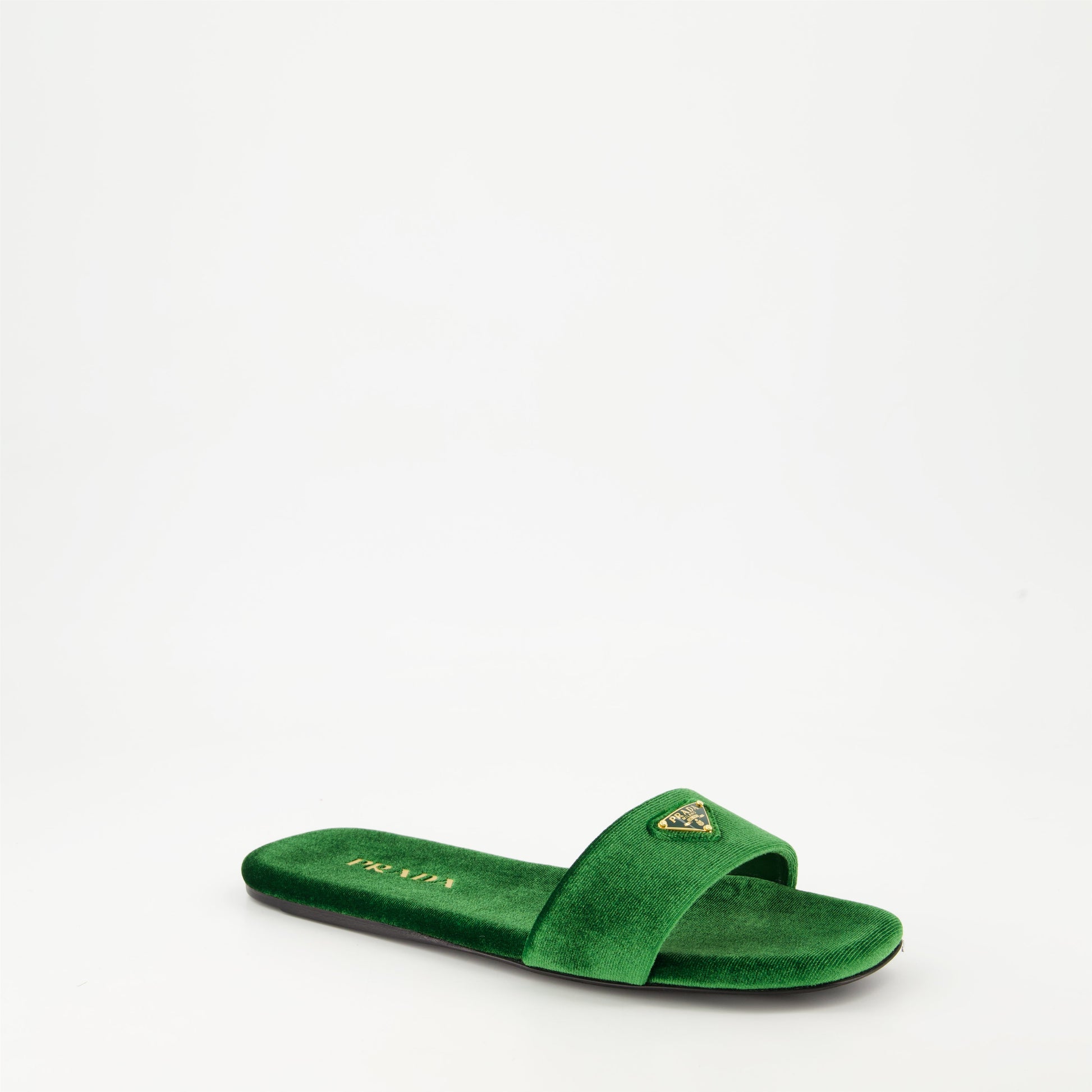 Prada sandals, green velvet shoes, luxury footwear, autumn-winter 2024, flat sandals