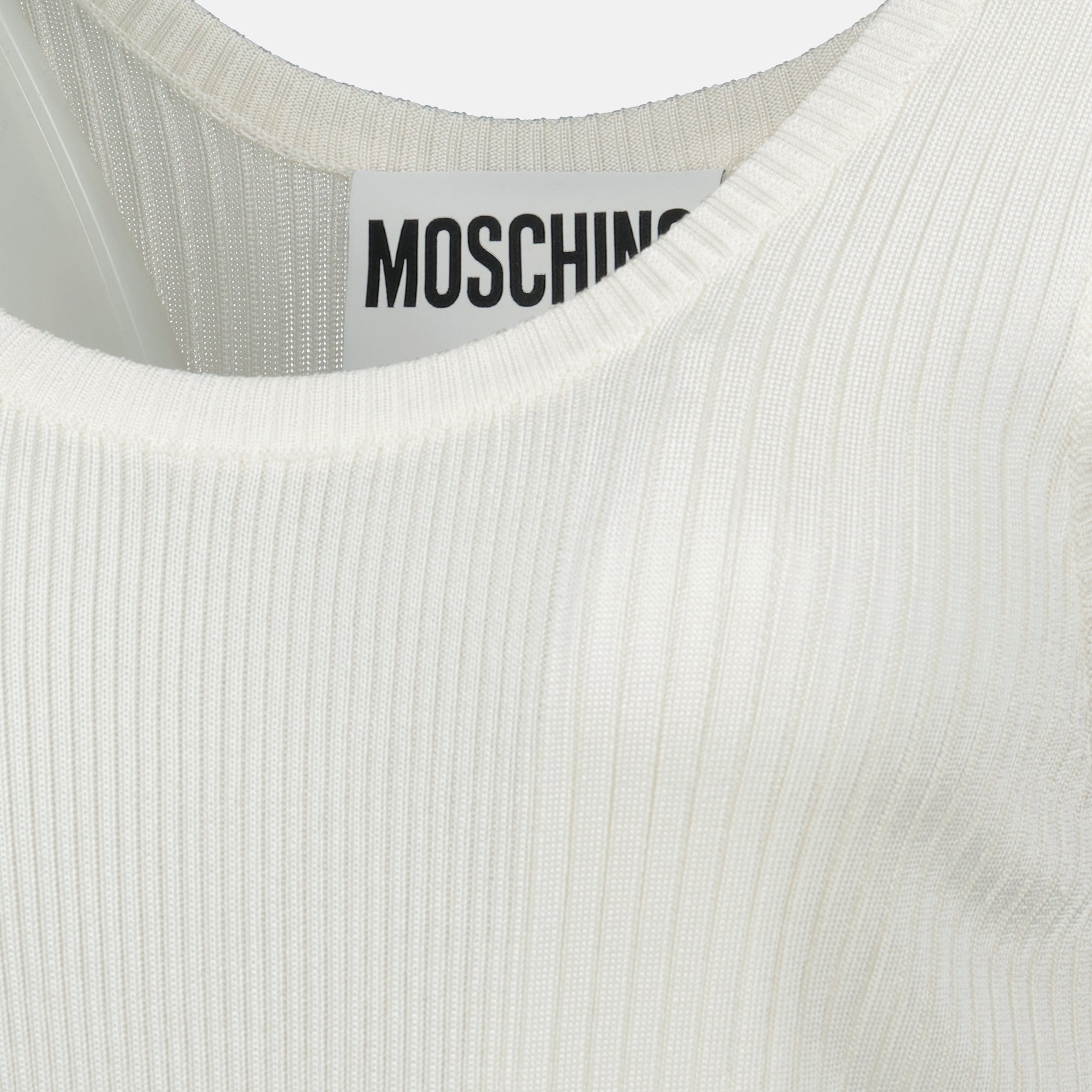 Moschino white top, women's ribbed top, slim-fit top, viscose fashion, spring summer collection