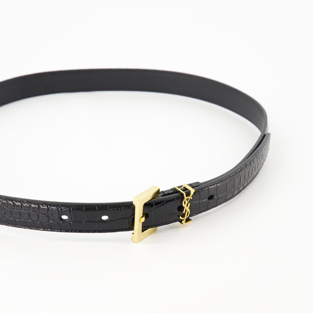 croc effect belt, adjustable belt, black leather accessories, metallic logo belt, Cassandre belt