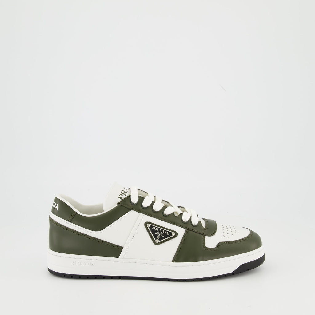 Prada sneakers, Downtown model, calf leather shoes, khaki and white sneakers, men's footwear