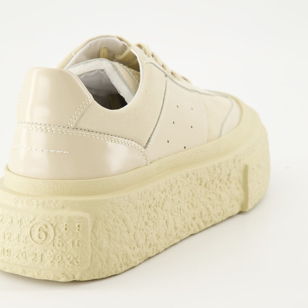 MM7 sneakers, platform sneakers, beige sneakers, luxury footwear, shiny leather sneakers