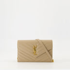 Saint Laurent wallet, grained leather wallet, beige chain wallet, luxury accessories, designer wallet