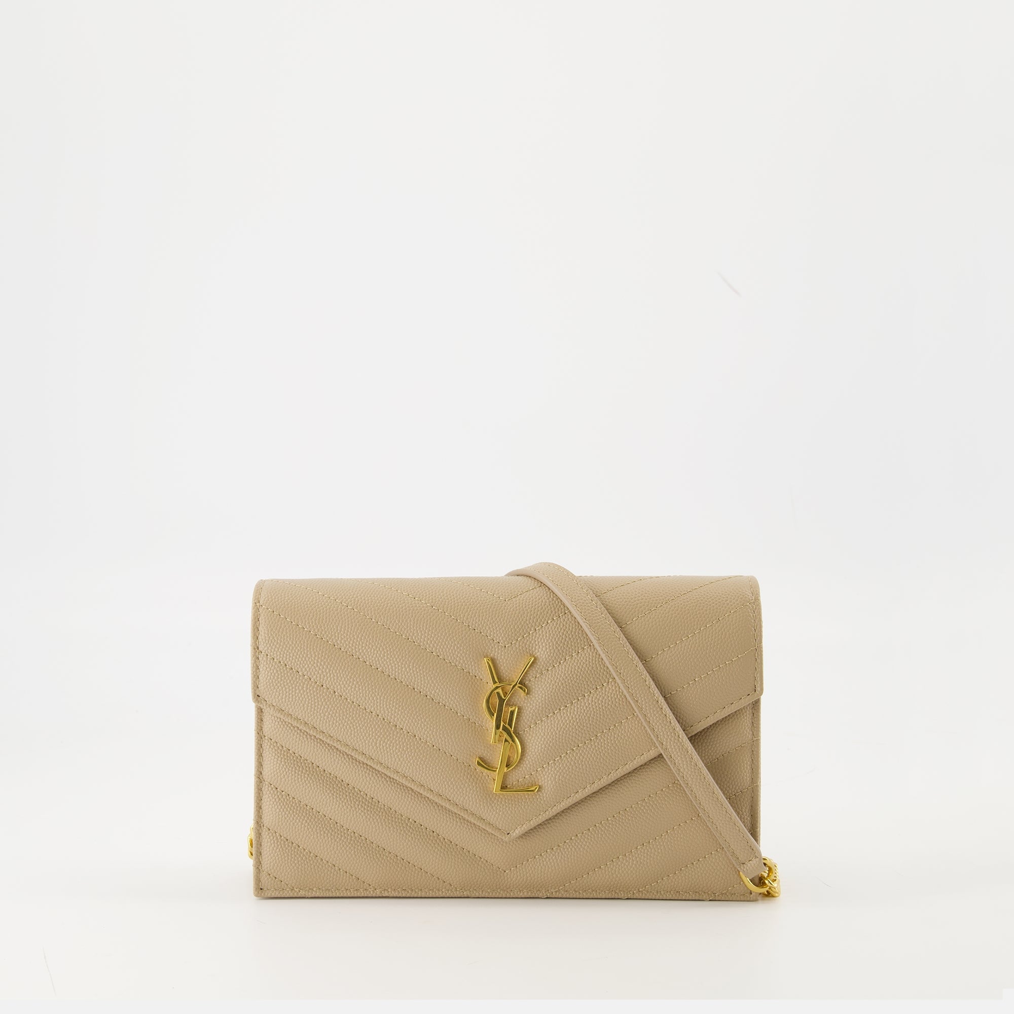 Saint Laurent wallet, grained leather wallet, beige chain wallet, luxury accessories, designer wallet