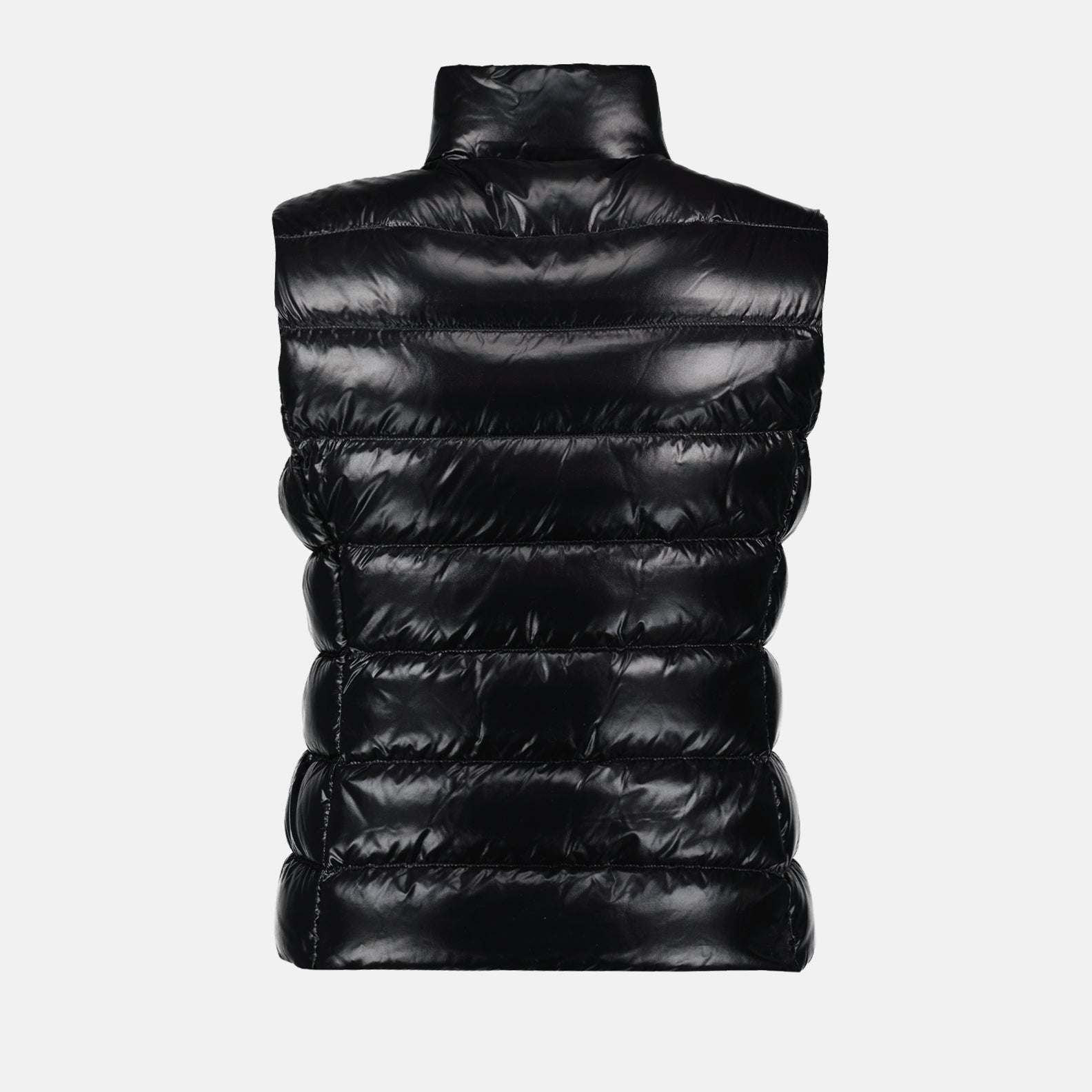 luxury puffer, sleeveless jacket, Moncler outerwear, black nylon puffer, high collar jacket