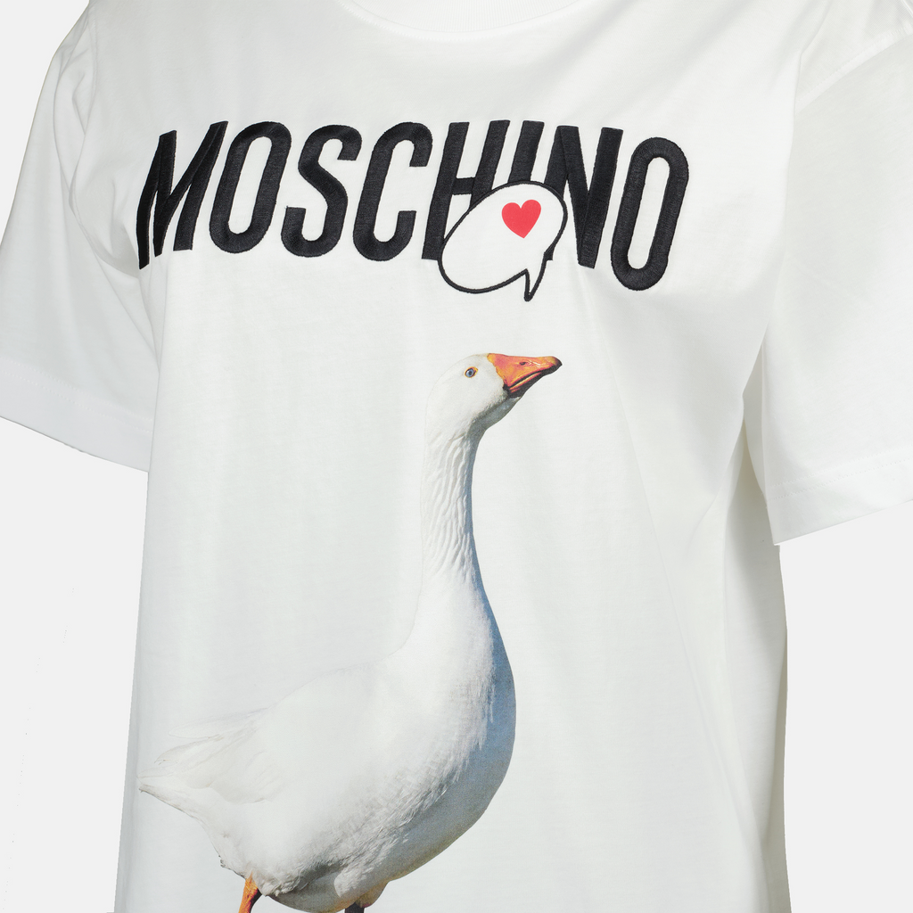 Moschino T-shirt, white printed tee, cotton tee, women's casual wear, fashionable T-shirt